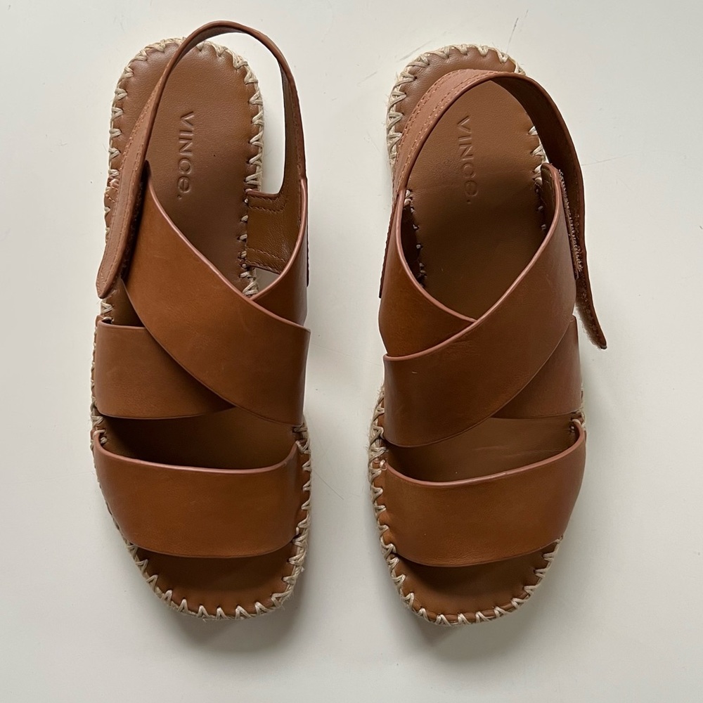VINCE. Brown Leather Espadrille Velcro Cross Sandals